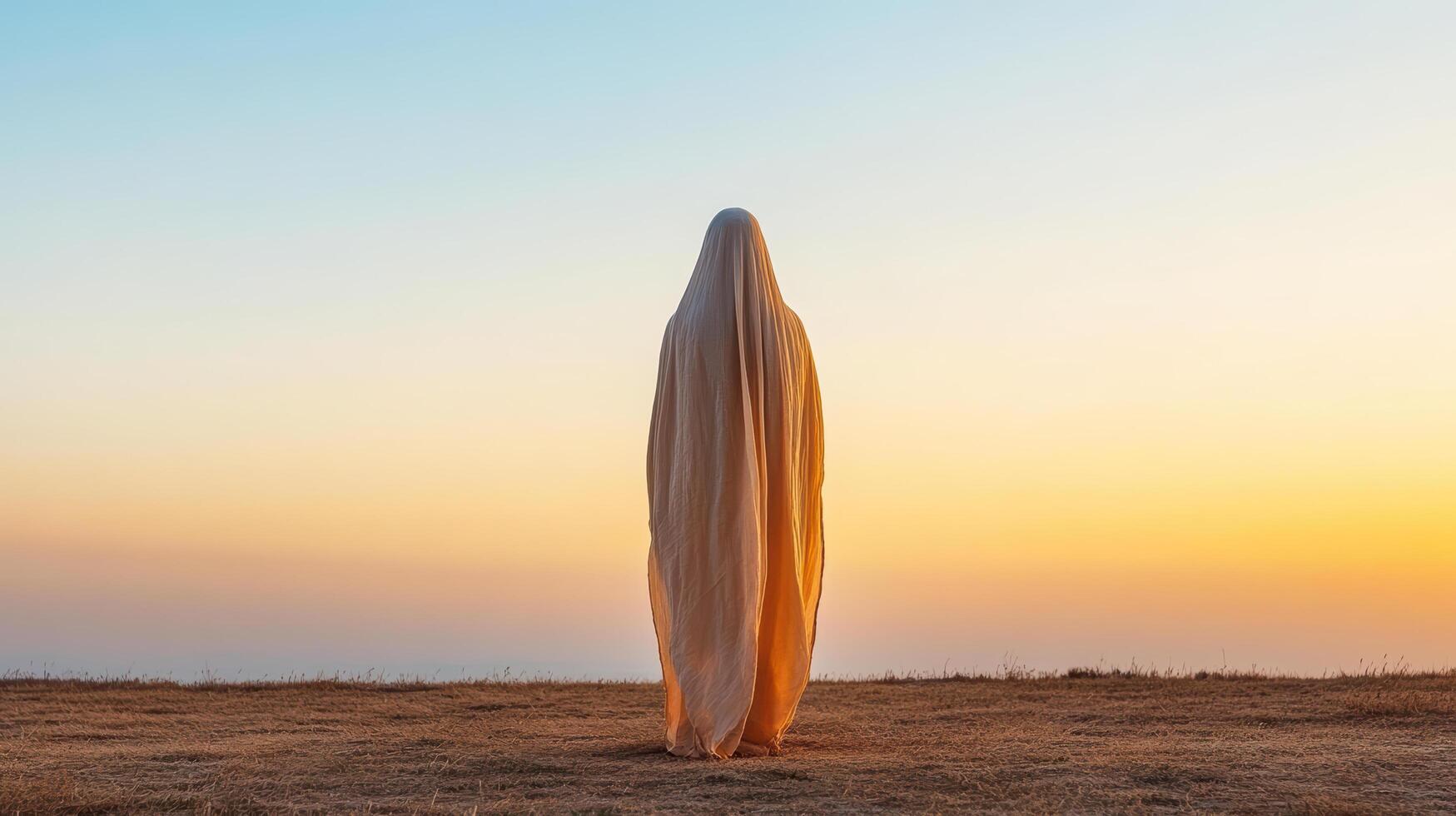 figure draped flowing cloak stands against serene sunset, evoking sense of mystery photo