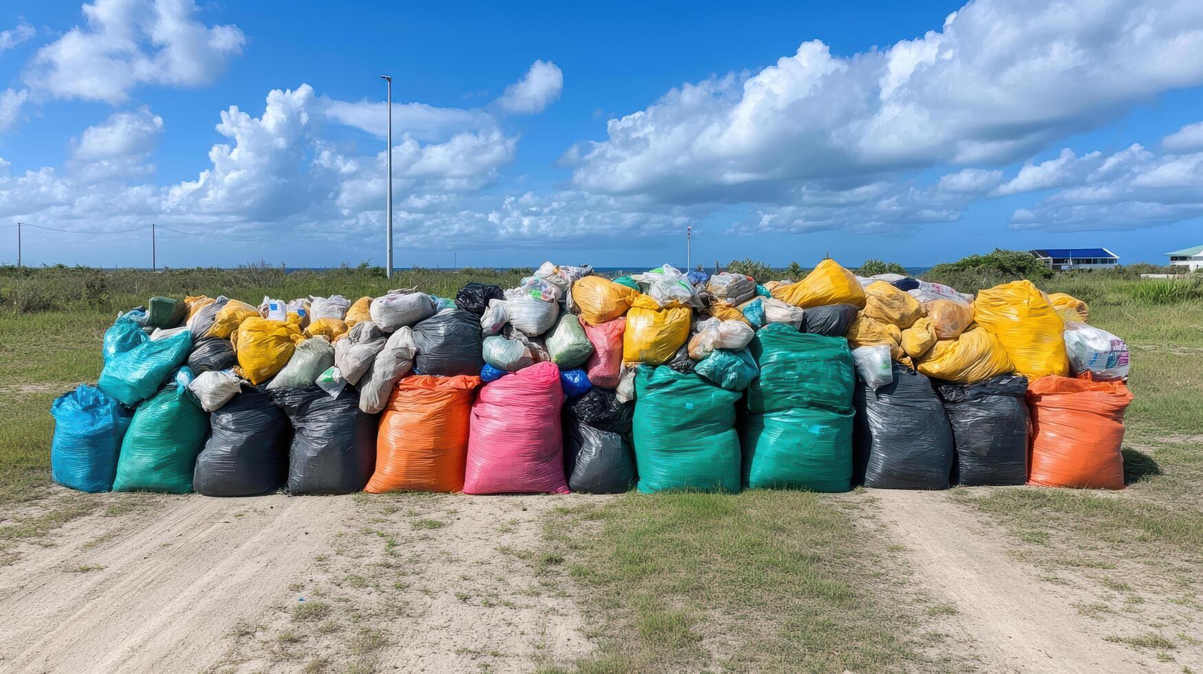 Colorful bags of trash stacked neatly after community cleanup event, showcasing teamwork photo