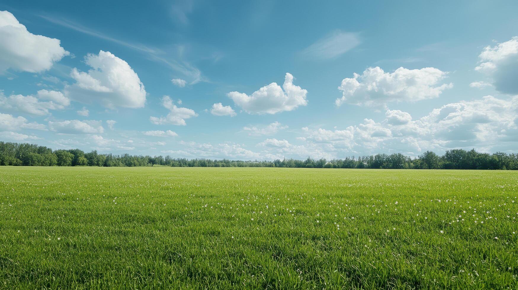 Lush green field under bright blue sky with fluffy clouds, creating serene atmosphere photo