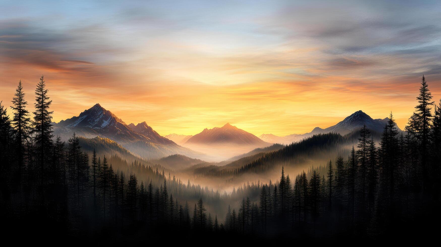 Majestic mountain landscape at dusk with vibrant sky and misty valleys photo