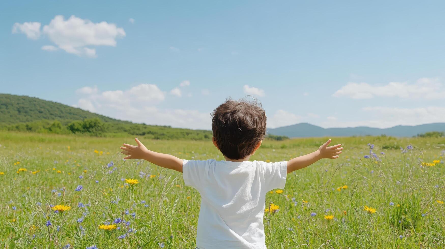child joyfully runs through field of wildflowers, arms wide open, embracing nature beauty photo