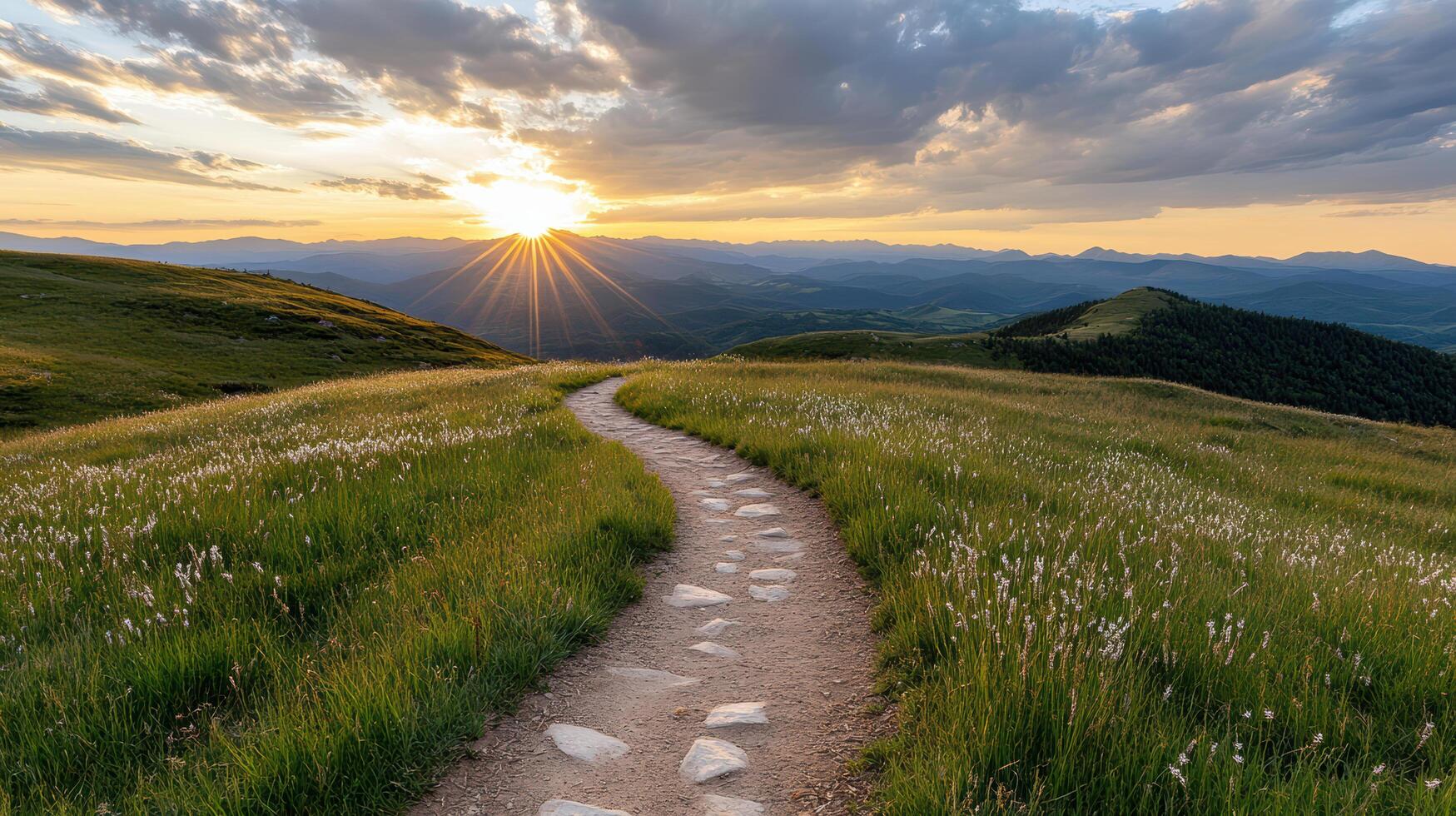 scenic hilltop trail leads through lush green grass, illuminated by stunning sunset photo