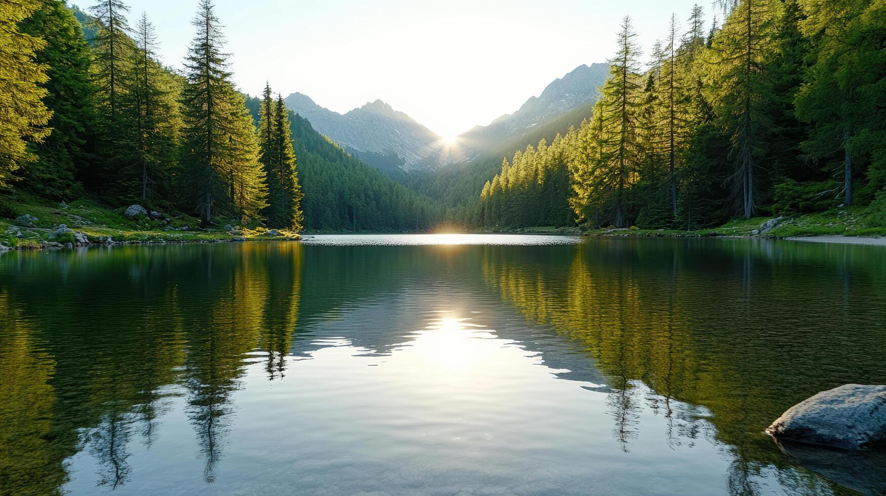 serene alpine lake reflects surrounding mountains and trees sunset, creating tranquil atmosphere photo