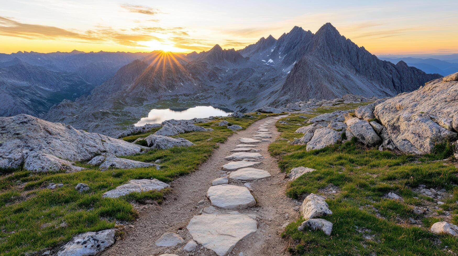 Breathtaking mountain path leading to distant peaks under glowing sunset. Nature beauty shines photo