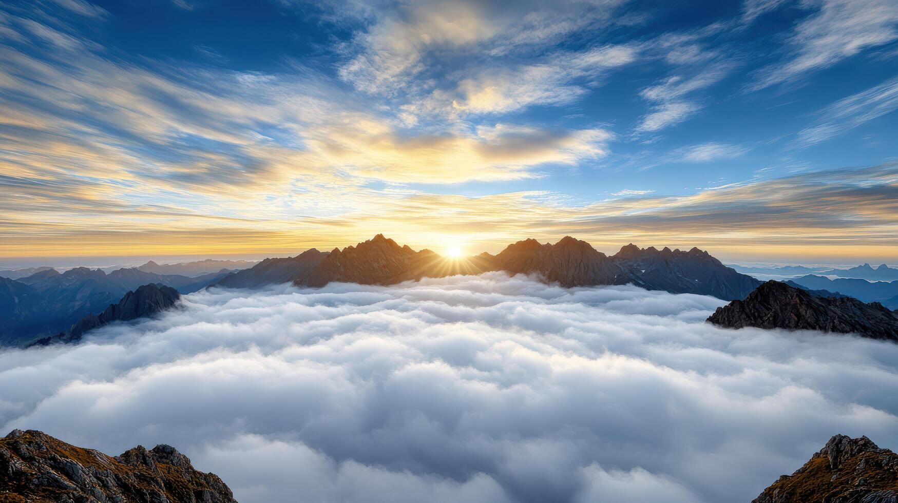 Majestic mountain range above sea of clouds at sunset, creating ethereal atmosphere photo
