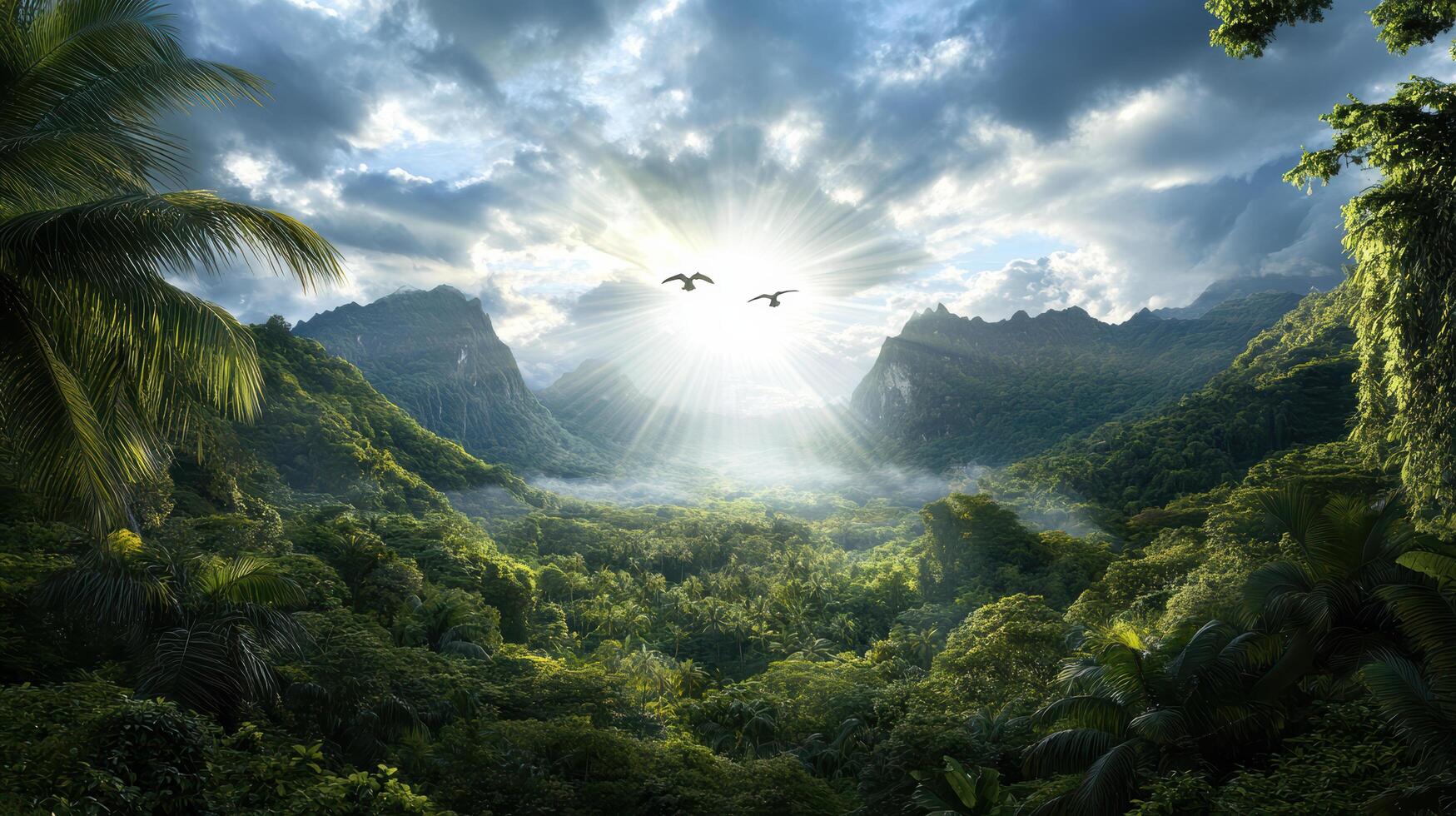 Lush jungle valley glowing in warm evening light, with birds soaring above photo
