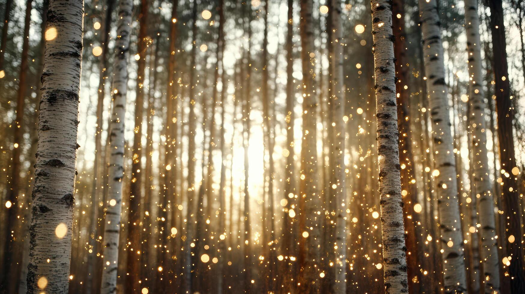 A forest with birch trees and sunlight shining through photo