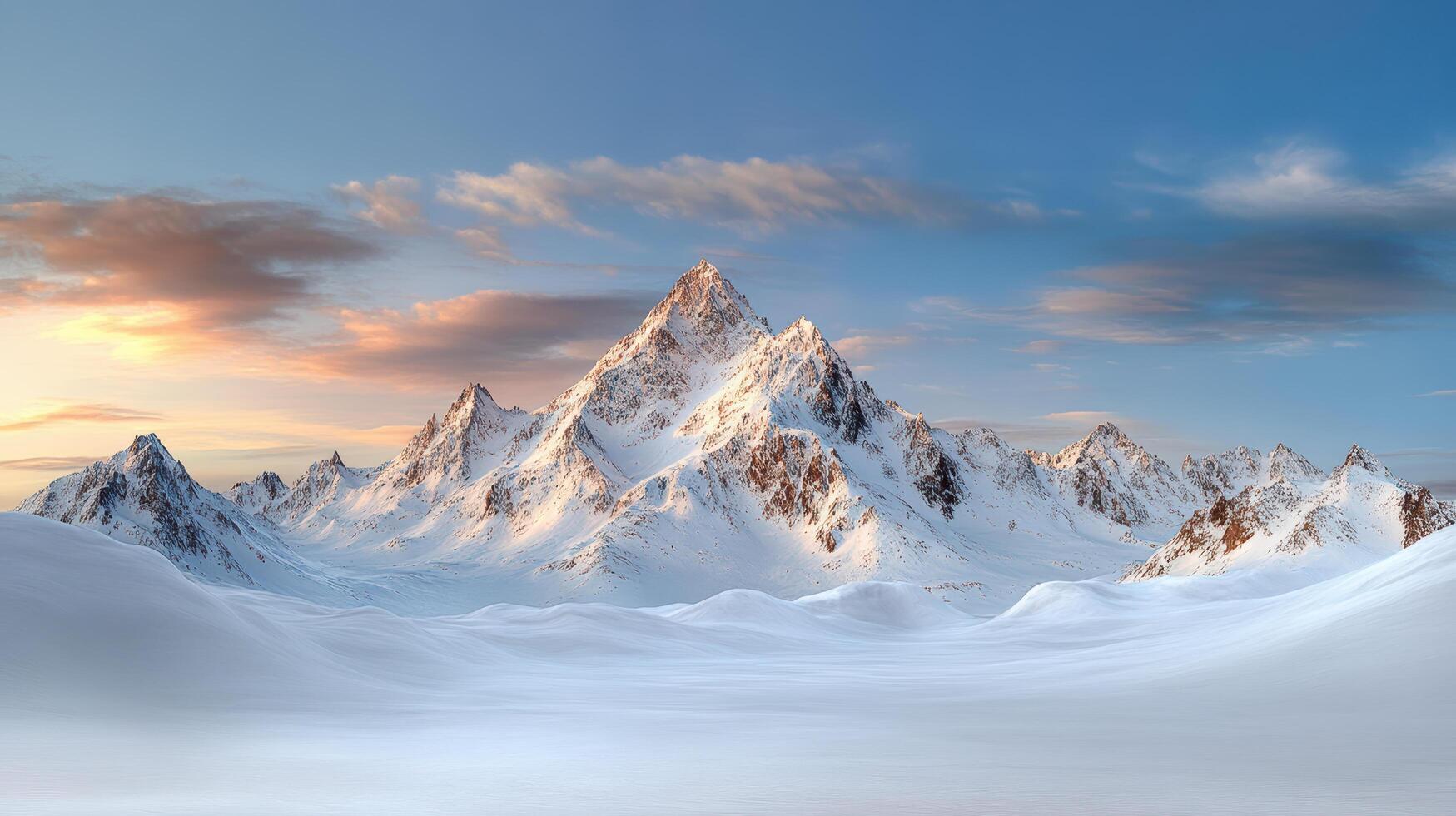 A snowy mountain landscape with a sun setting over it photo
