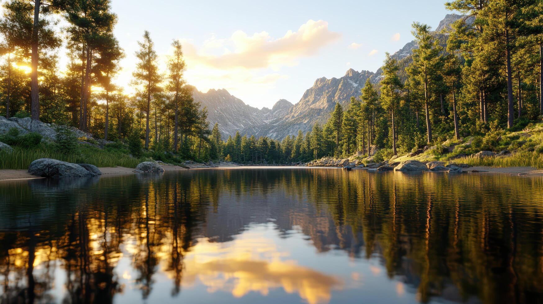 serene river bend reflecting glowing orange sky, surrounded by majestic mountains and lush trees photo