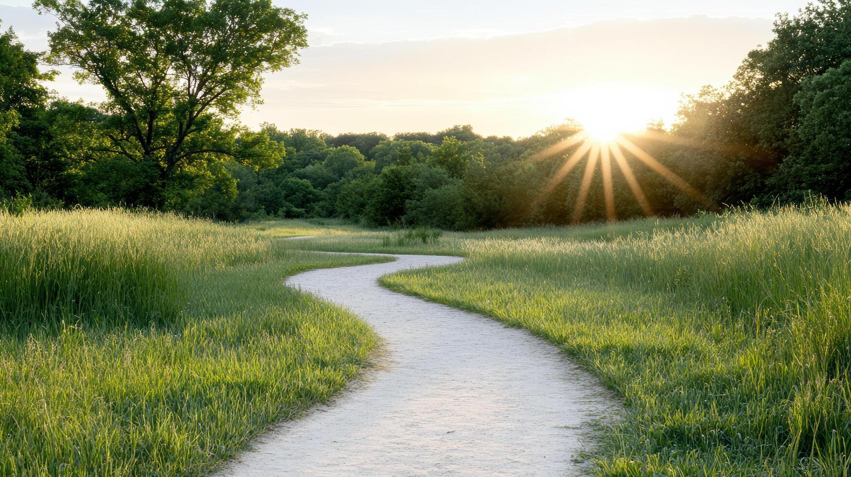 winding path through lush green meadow, illuminated by warm glow of setting sun, creates serene photo