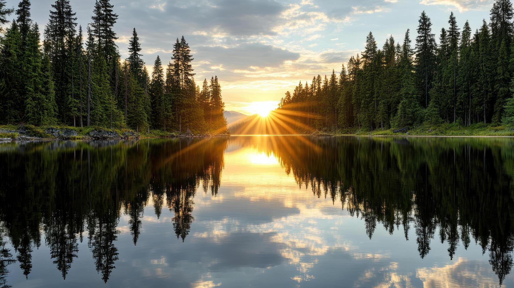 stunning sunset reflects off serene lake surrounded by tall evergreen trees, creating peaceful photo
