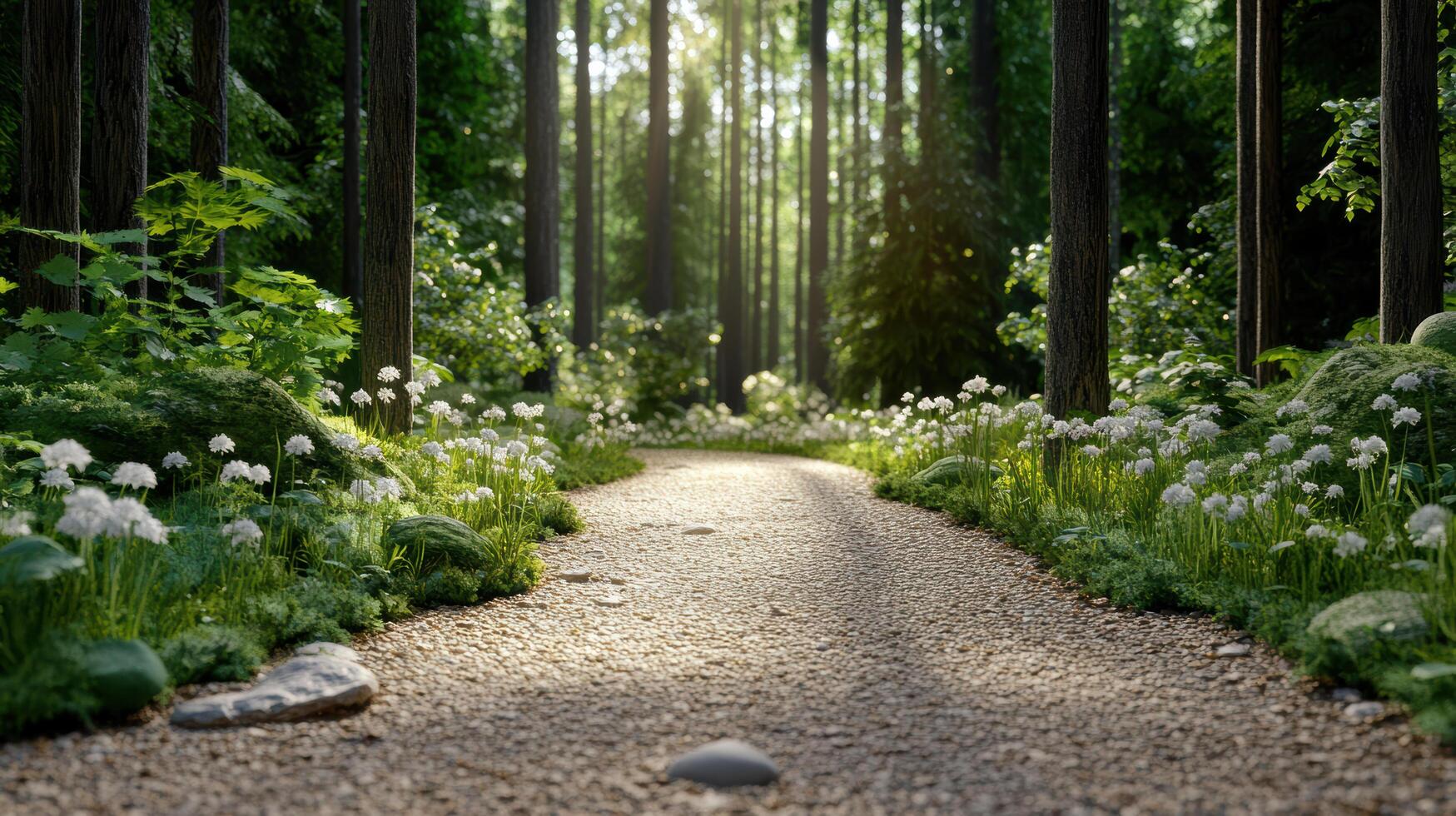 serene forest trail surrounded by lush greenery and blooming flowers, illuminated by soft photo
