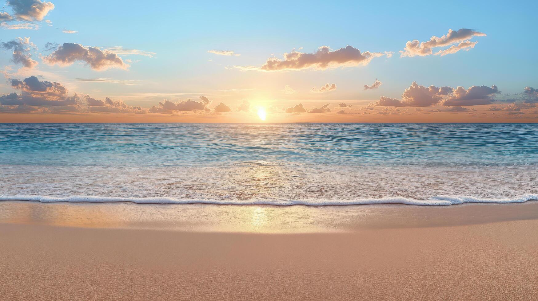 serene beach scene with vibrant sunset reflecting calm ocean waves, creating peaceful atmosphere photo