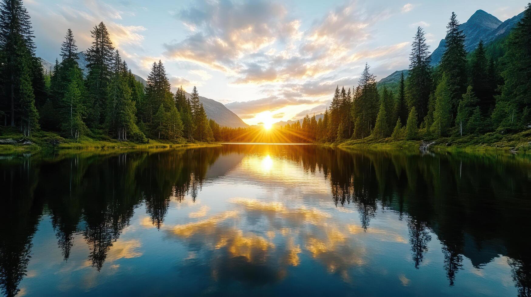 serene lake reflecting vibrant sunset, surrounded by tall pine trees and mountains photo