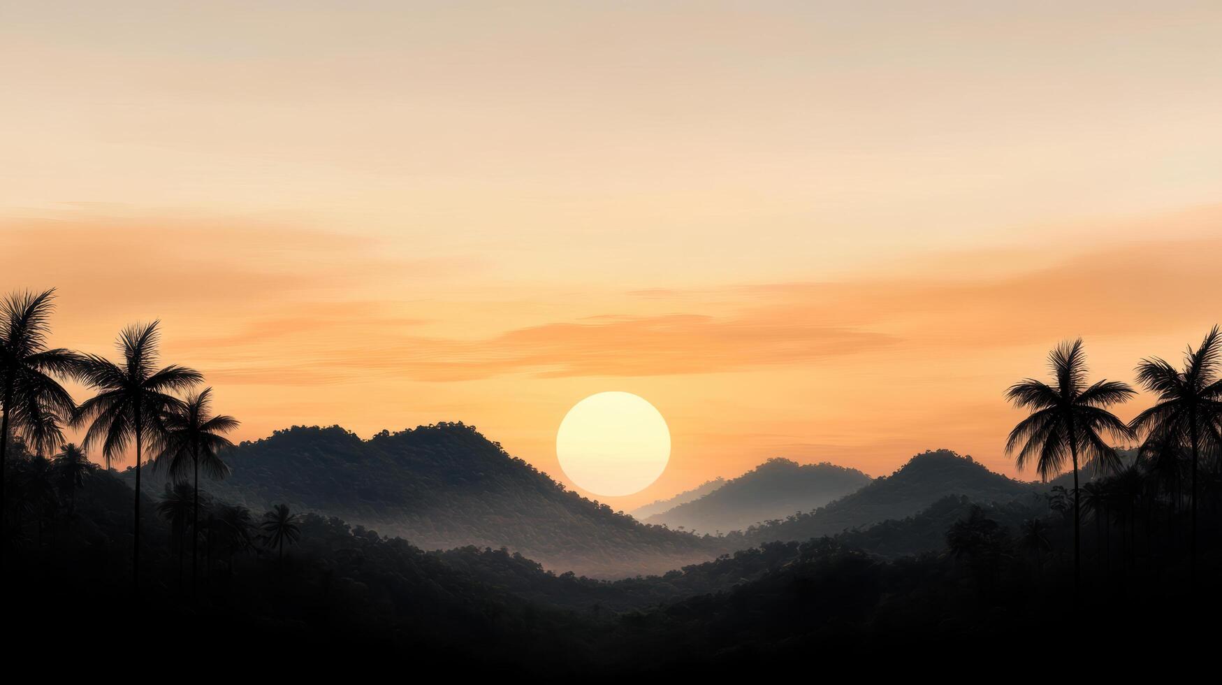 A sunset over a mountain range with palm trees photo