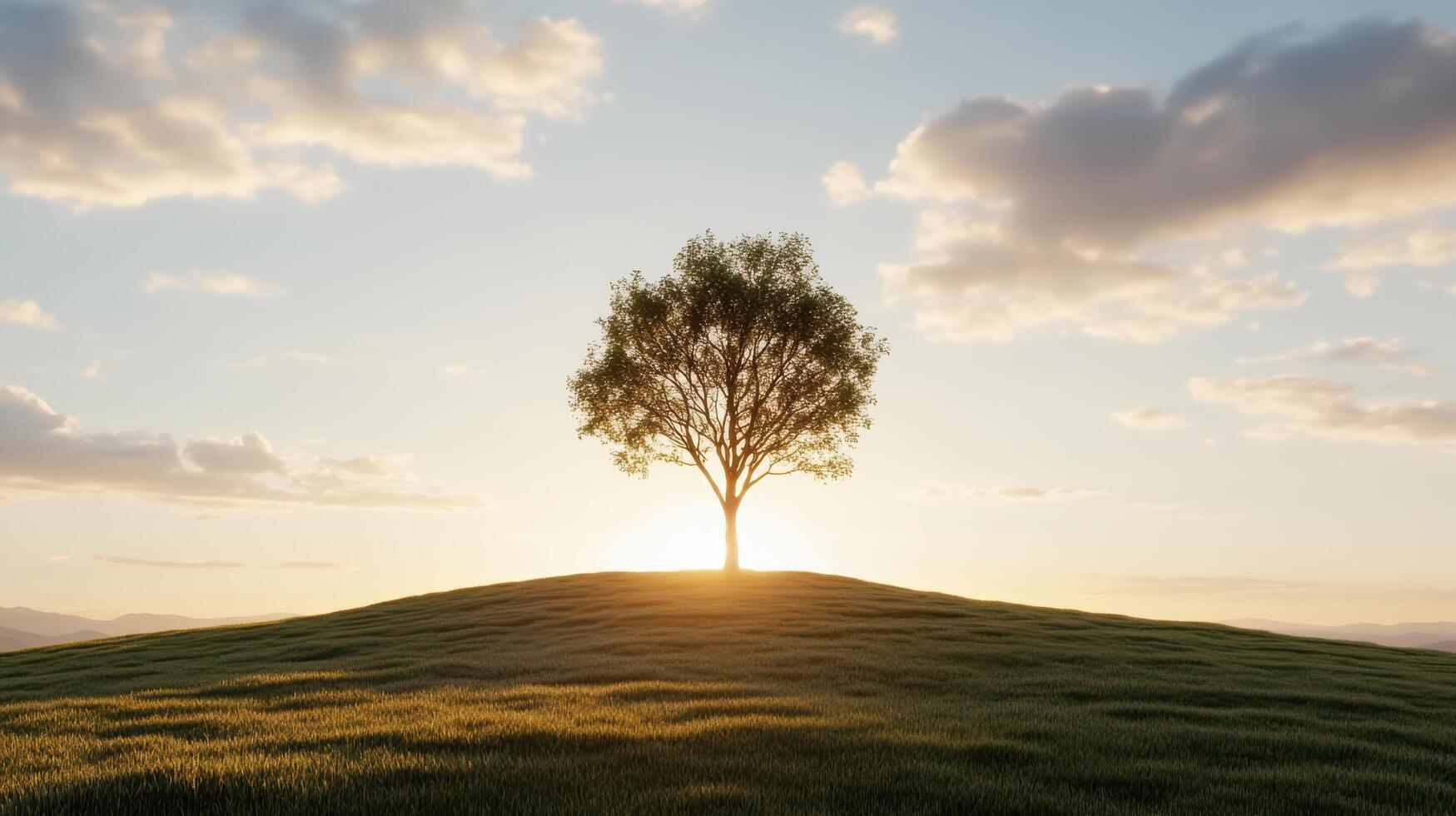 solitary tree stands on grassy hill, illuminated by warm sunset glow photo