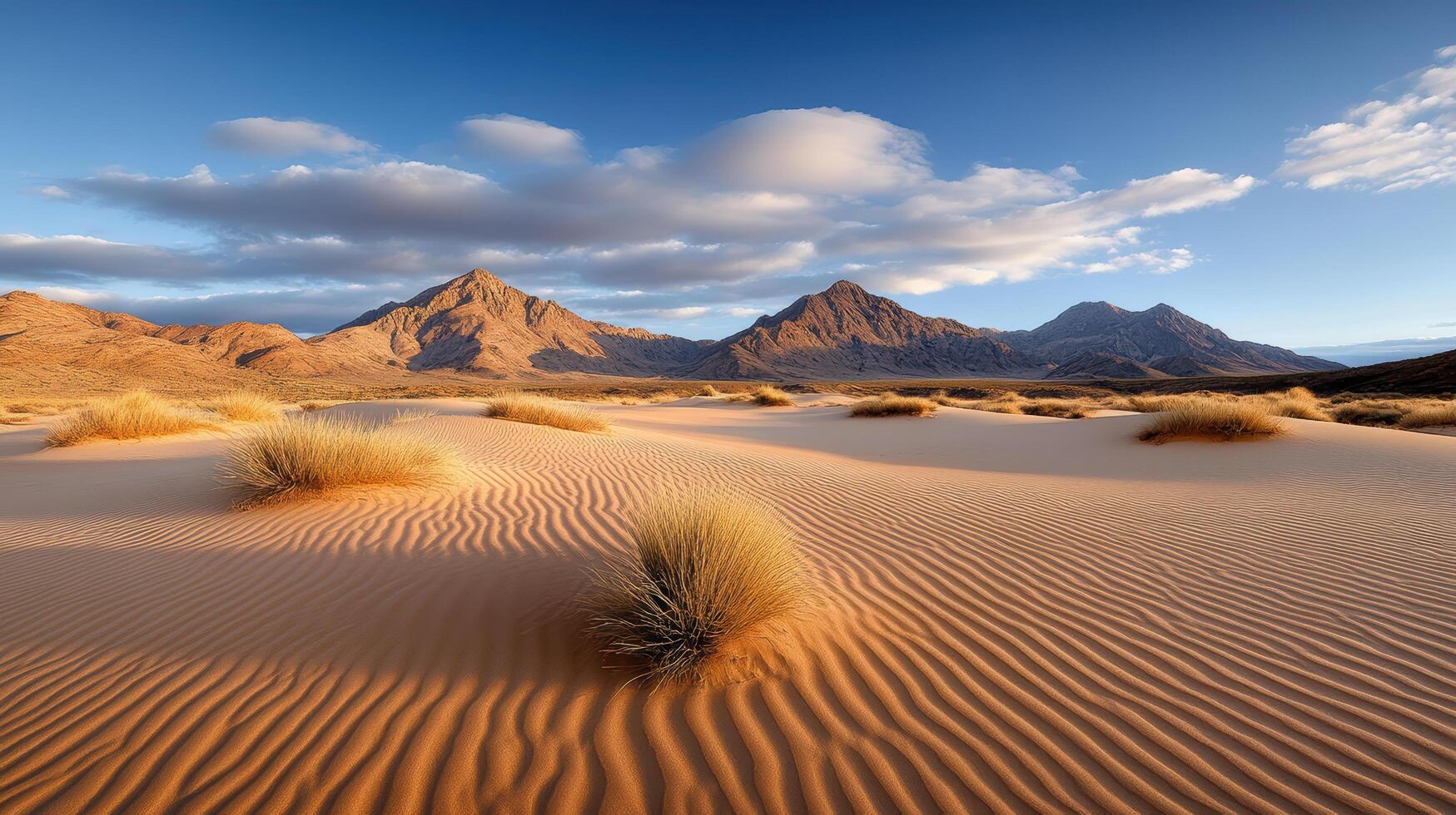 Expansive desert dunes with gentle ripples and distant mountains clear sky evoke tranquility photo