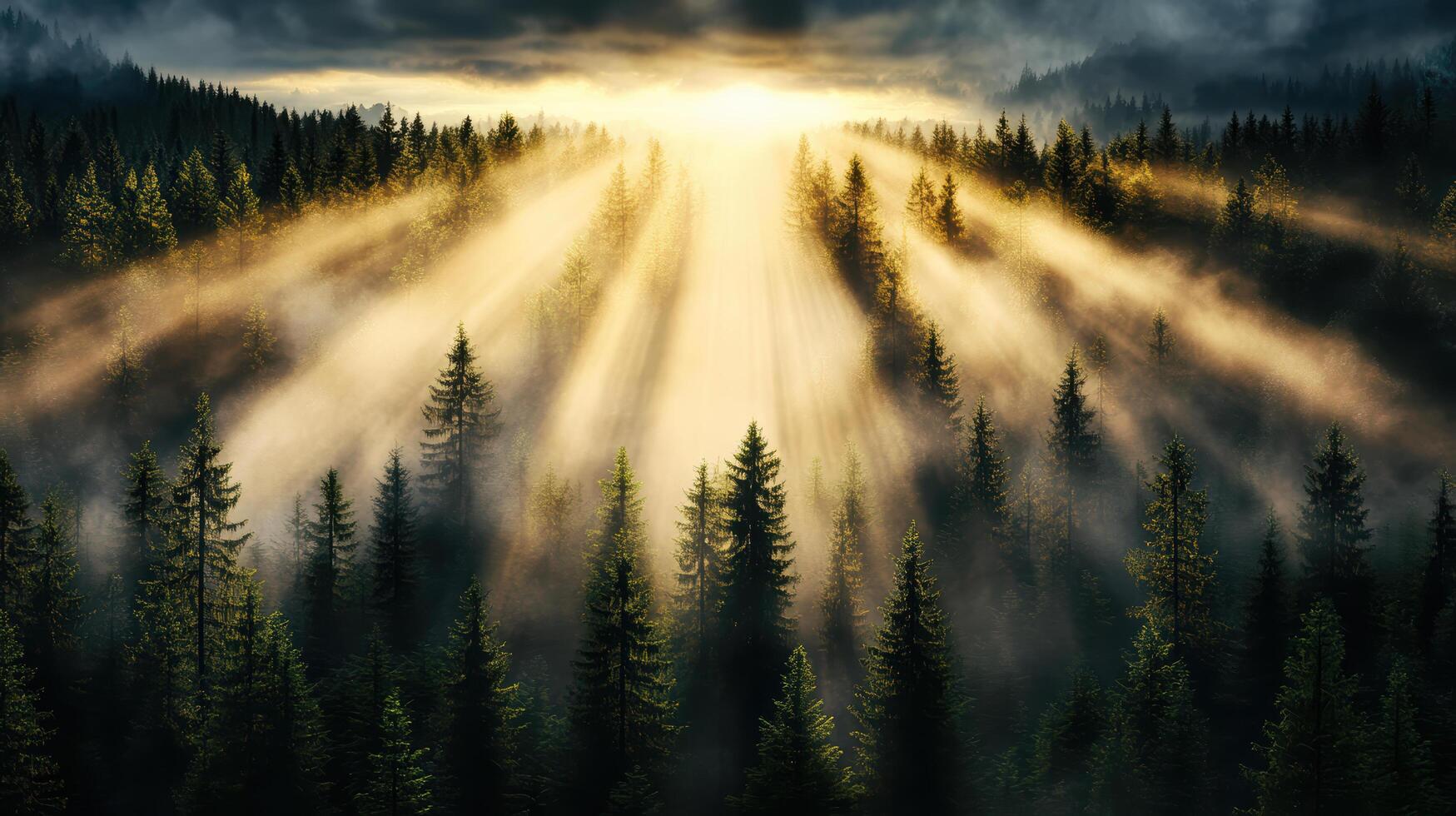 Golden shafts of light beam through foggy pine forest, creating serene atmosphere photo