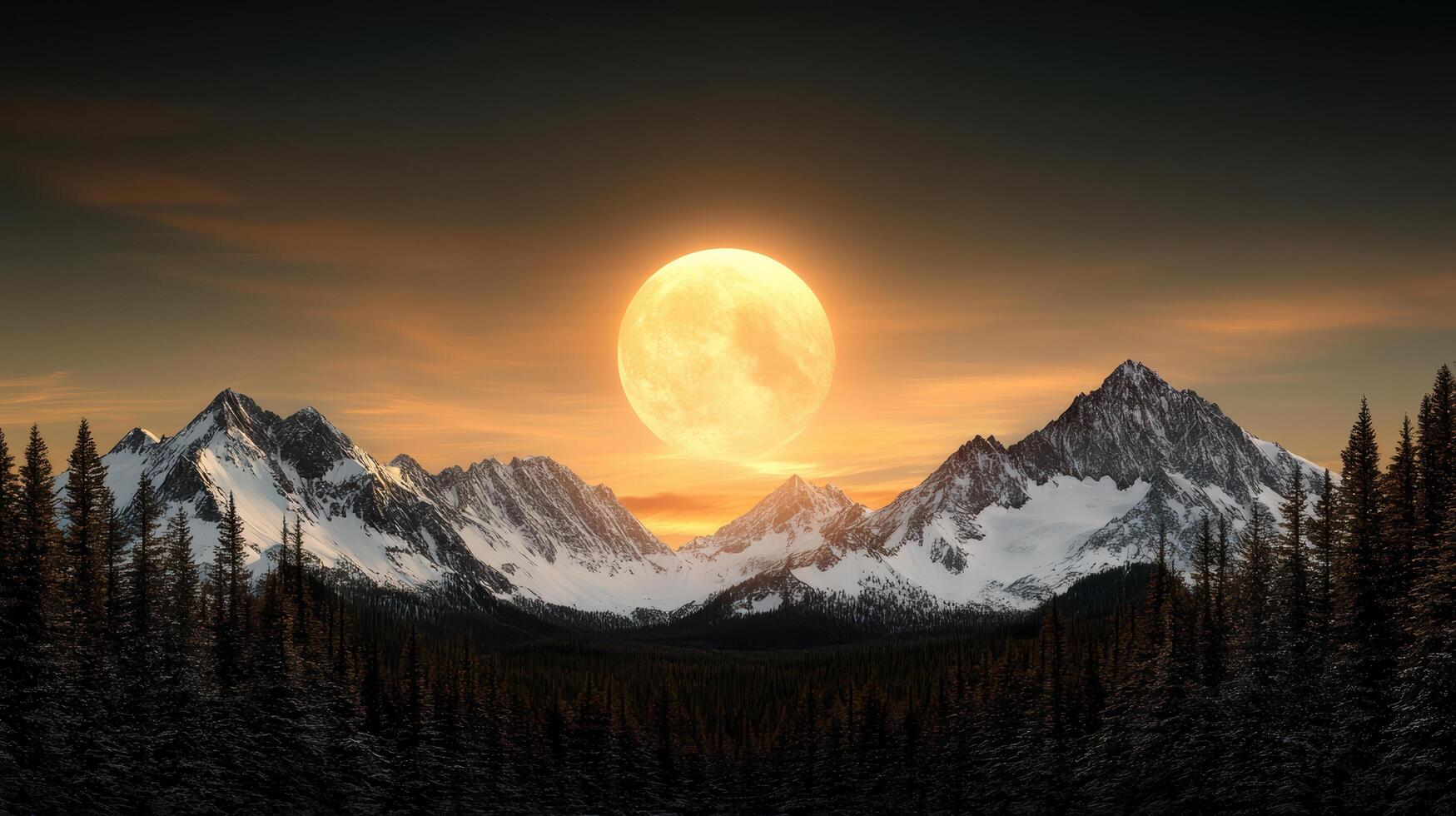 Majestic mountains with snow caps and evergreen trees under glowing full moon at sunset photo