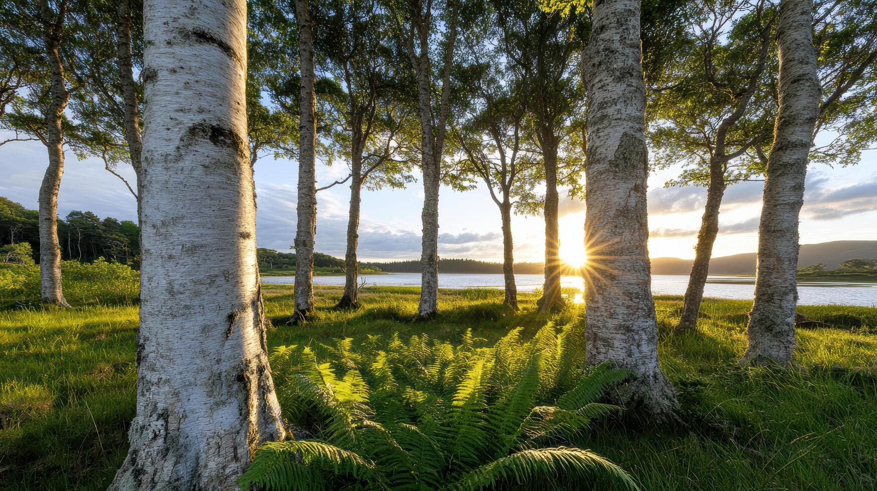 Golden sunlight highlights tree trunks and ferns in serene landscape photo
