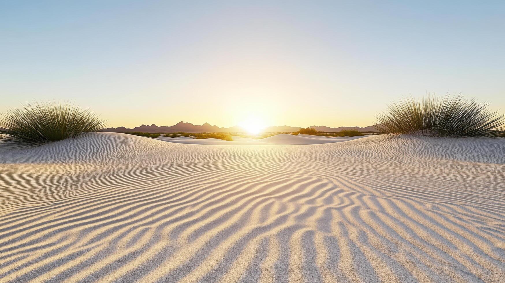Sunset over sand dunes with rippling textures and soft grass, creating serene atmosphere photo