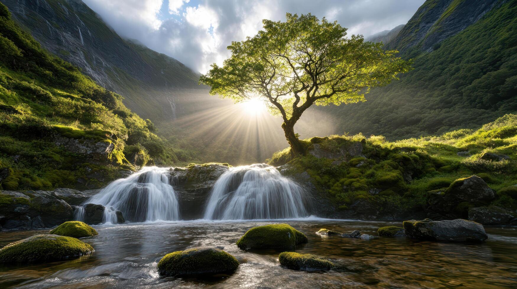 serene waterfall cascades over rocks, illuminated by sunlight filtering through tree photo