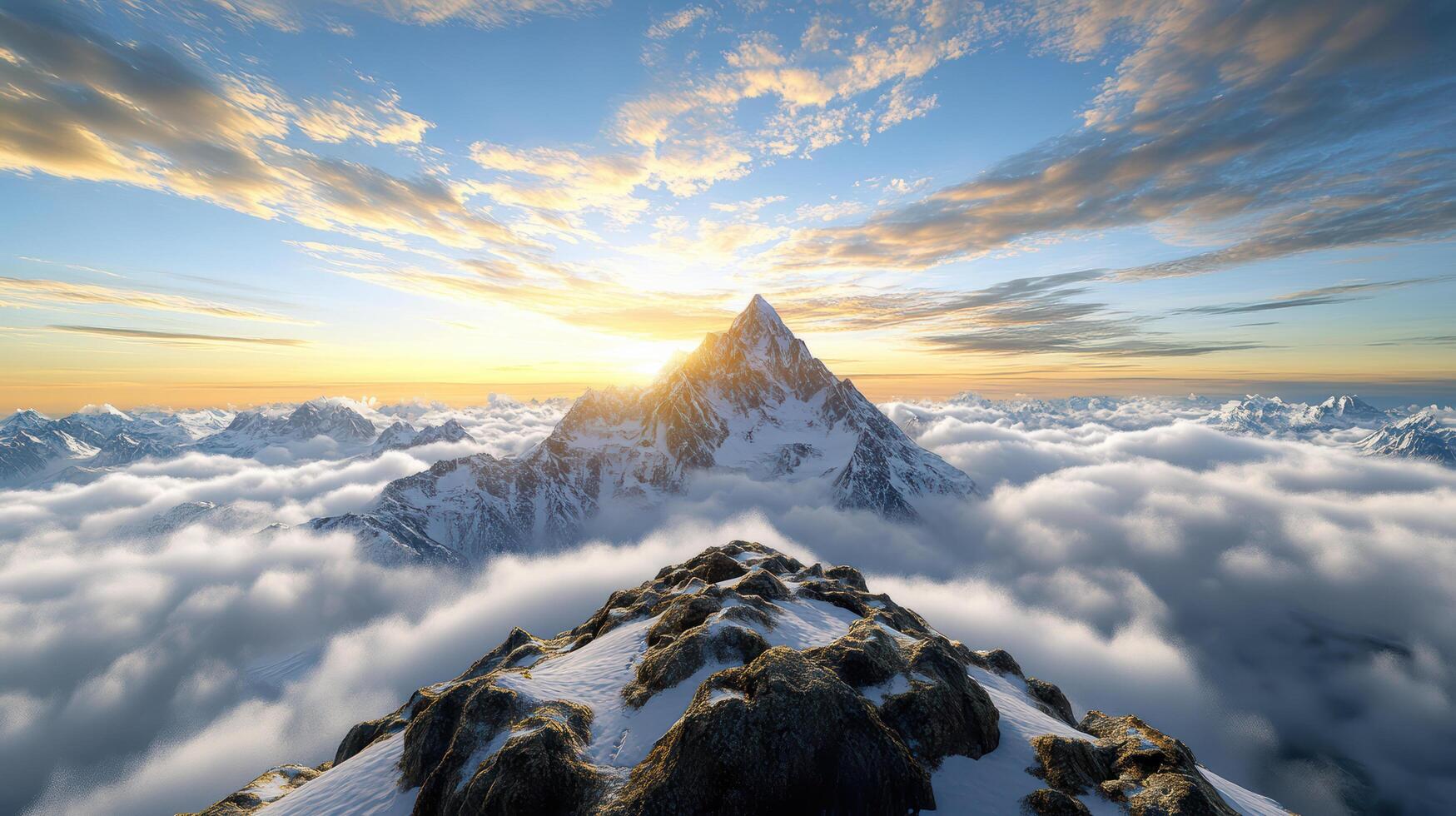 Majestic mountain peak rises above soft clouds, illuminated by vibrant sunset photo