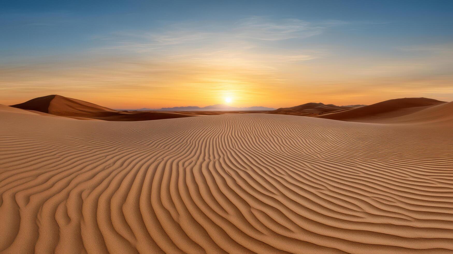 Golden sunset over desert dunes creates serene atmosphere with soft gradients photo