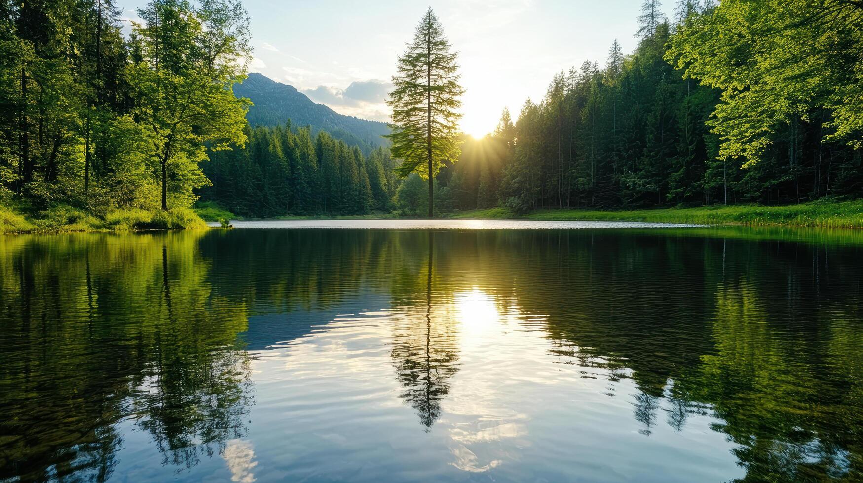 A lake surrounded by trees and mountains at sunset photo