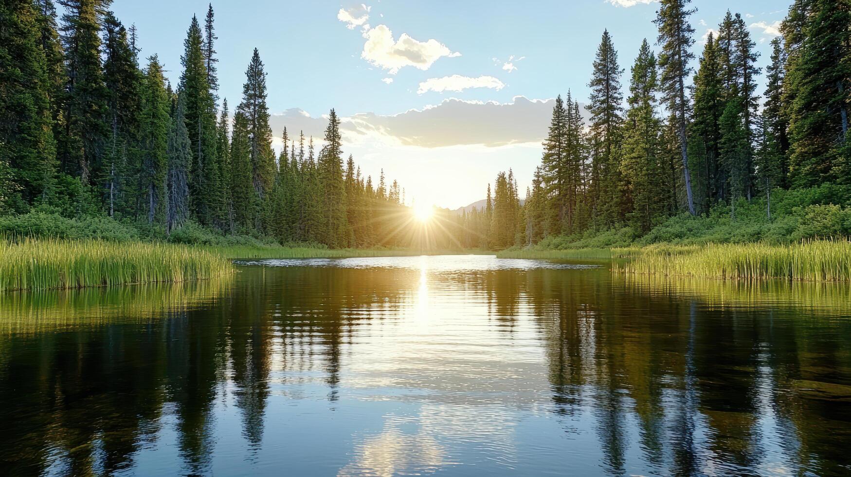 A lake surrounded by trees and grass photo