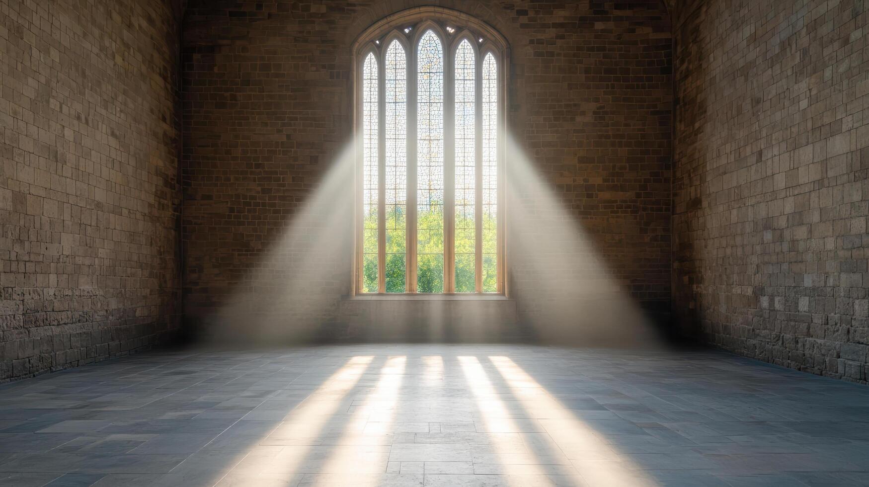 Dramatic light beams through stained glass window in stone room, creating serene atmosphere photo