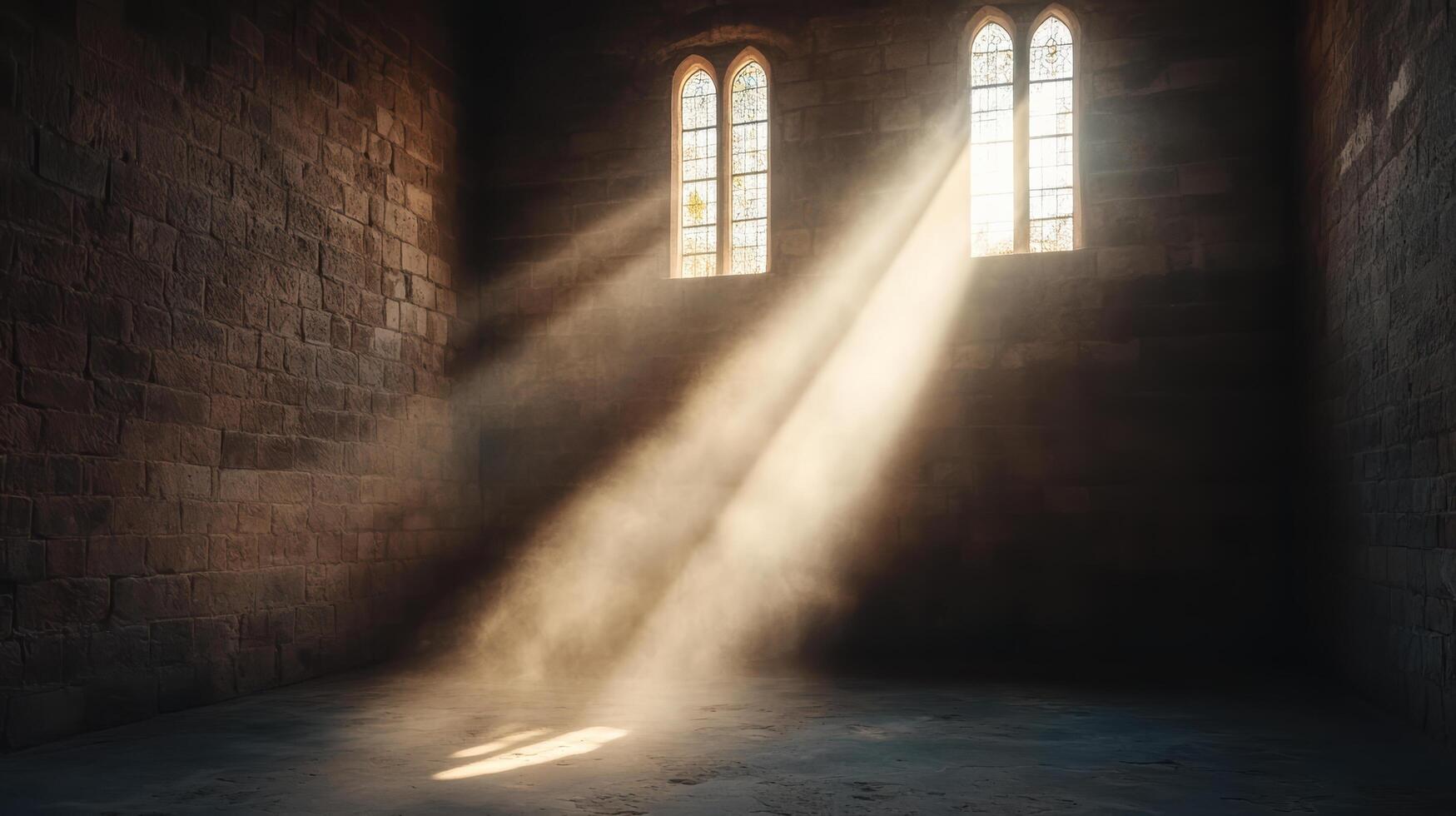 Dramatic light beams through stained glass windows in stone room, creating serene atmosphere photo