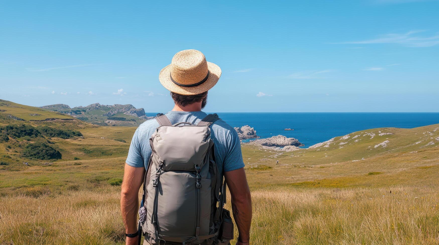 Man with backpack looking at the ocean photo