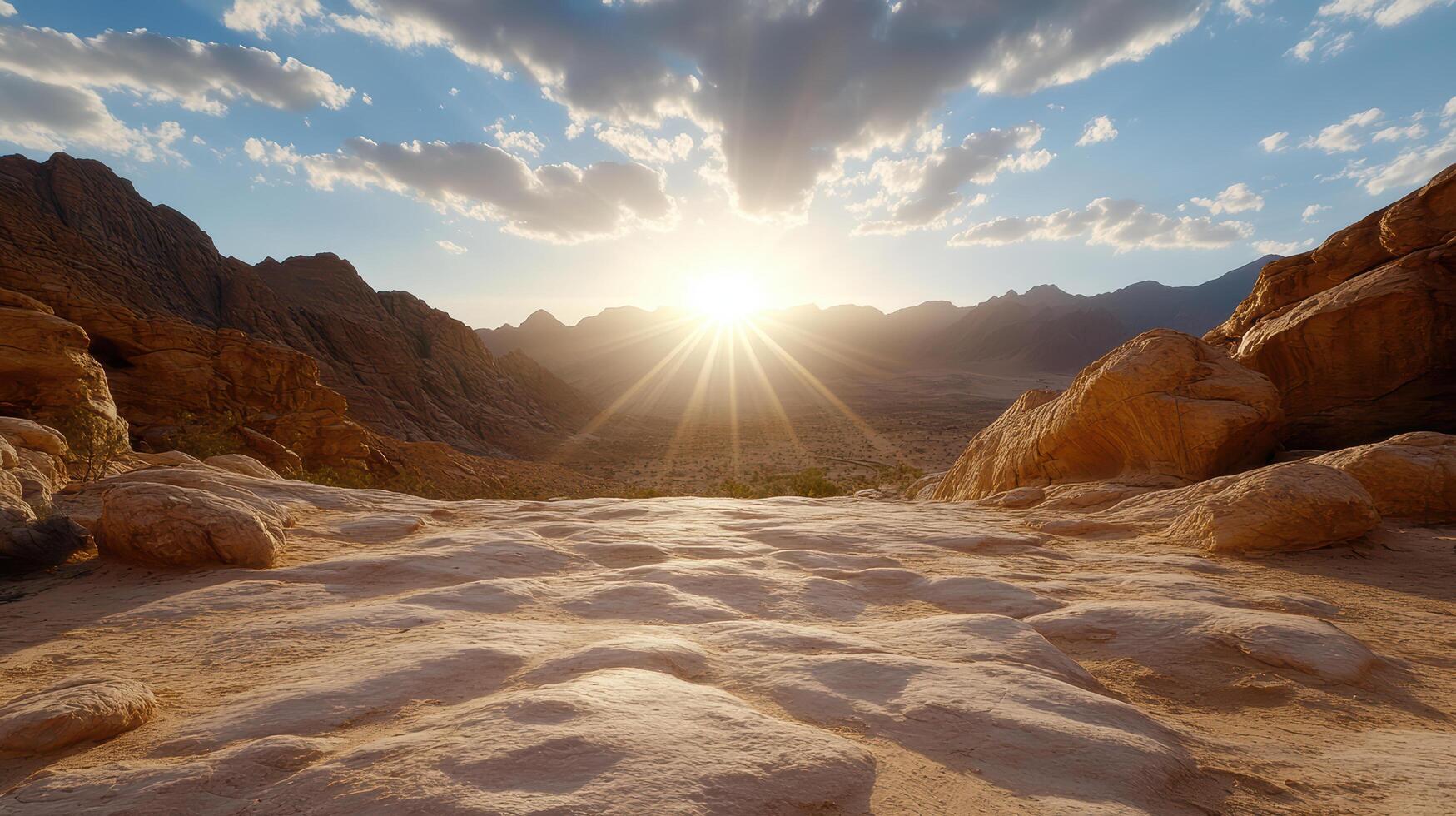 The sun shines brightly over a rocky desert photo
