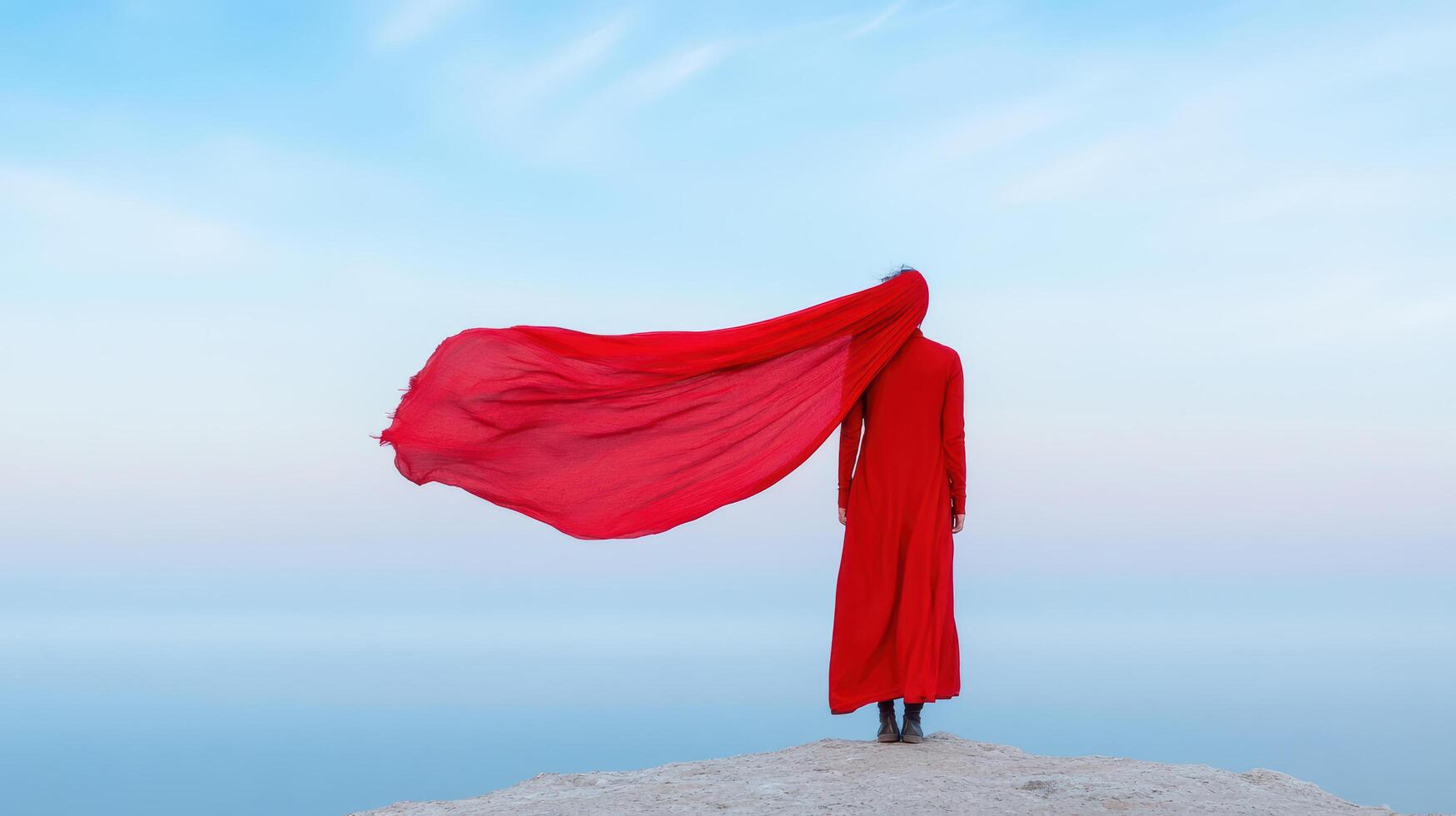 Dramatic moment on rocky edge with flowing red scarf against serene sky photo