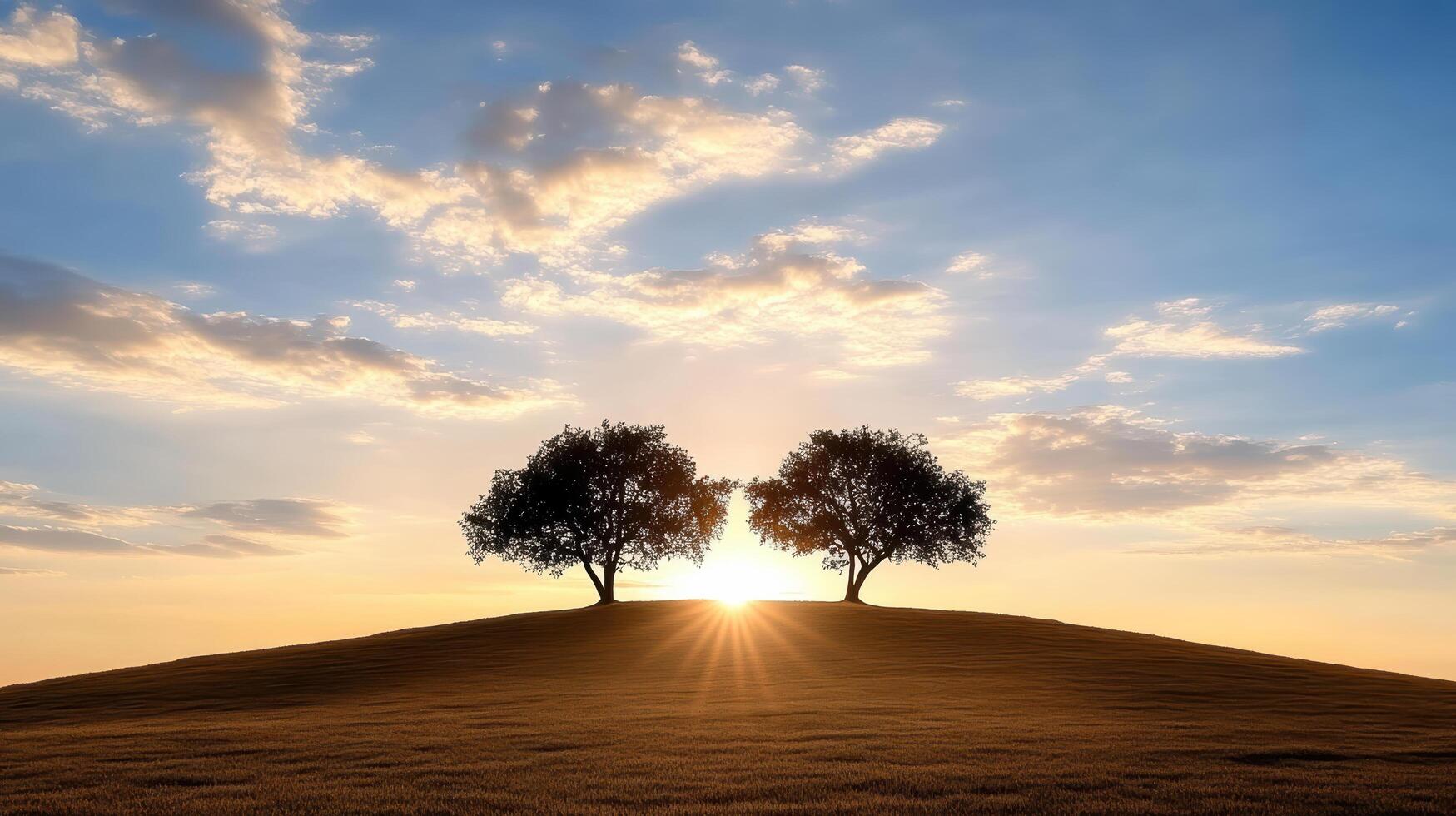Sunset over hilltop with two trees silhouetted against sky, creating serene atmosphere photo