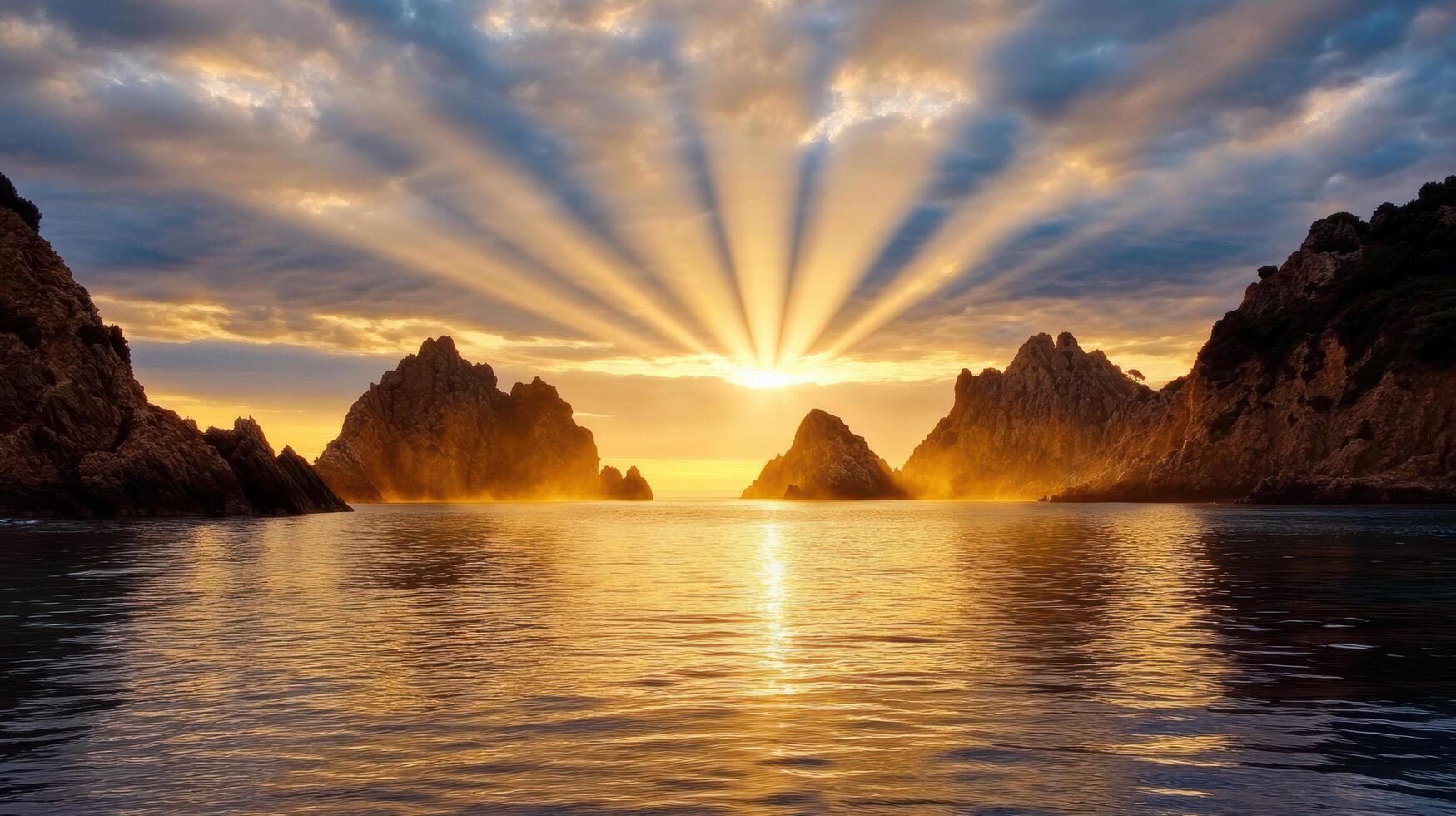 Golden rays of sunlight pierce through sea mist, illuminating rocky formations at dawn photo