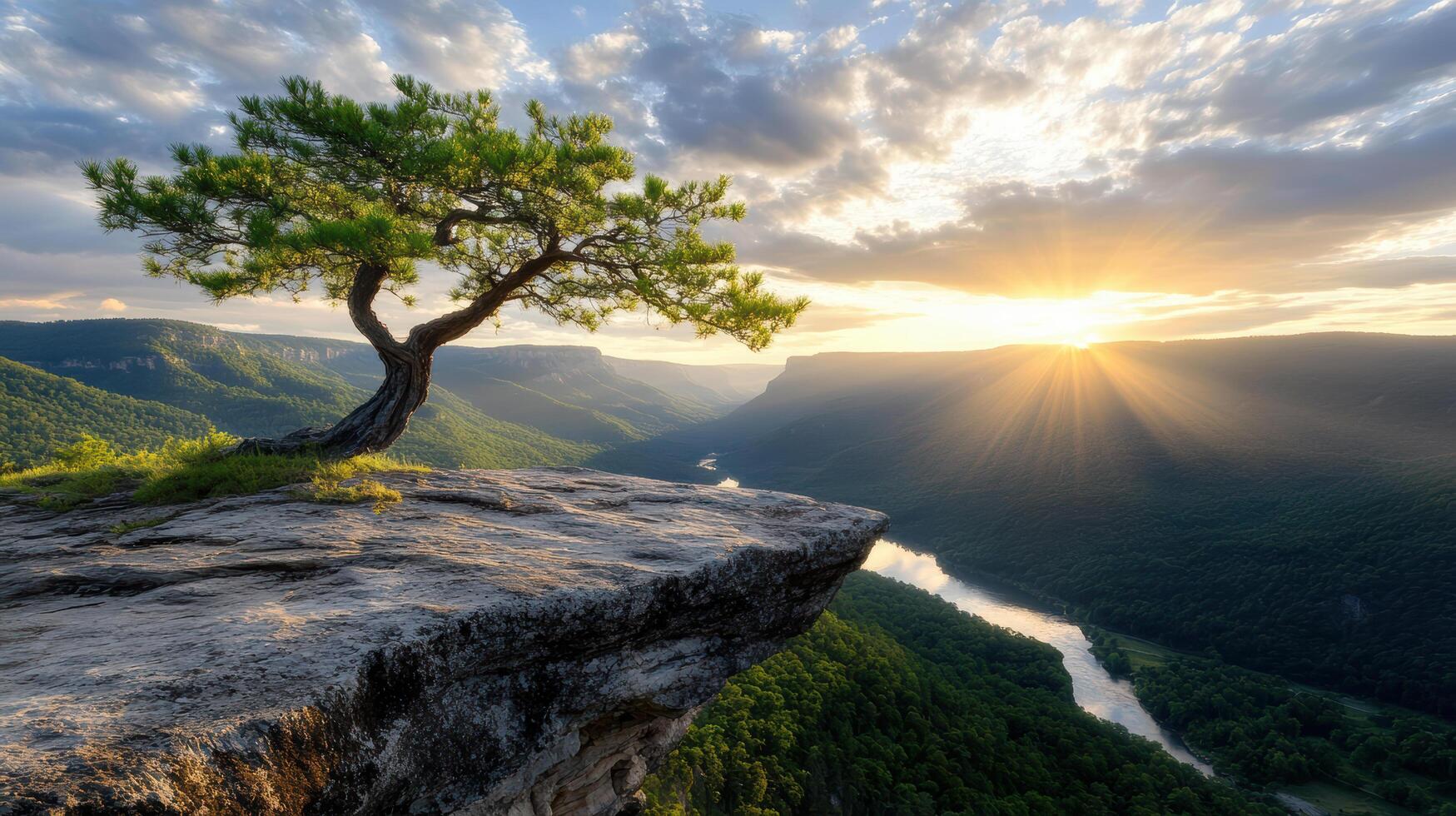 stunning cliffside view features lone tree basking golden hour light, overlooking deep valley photo