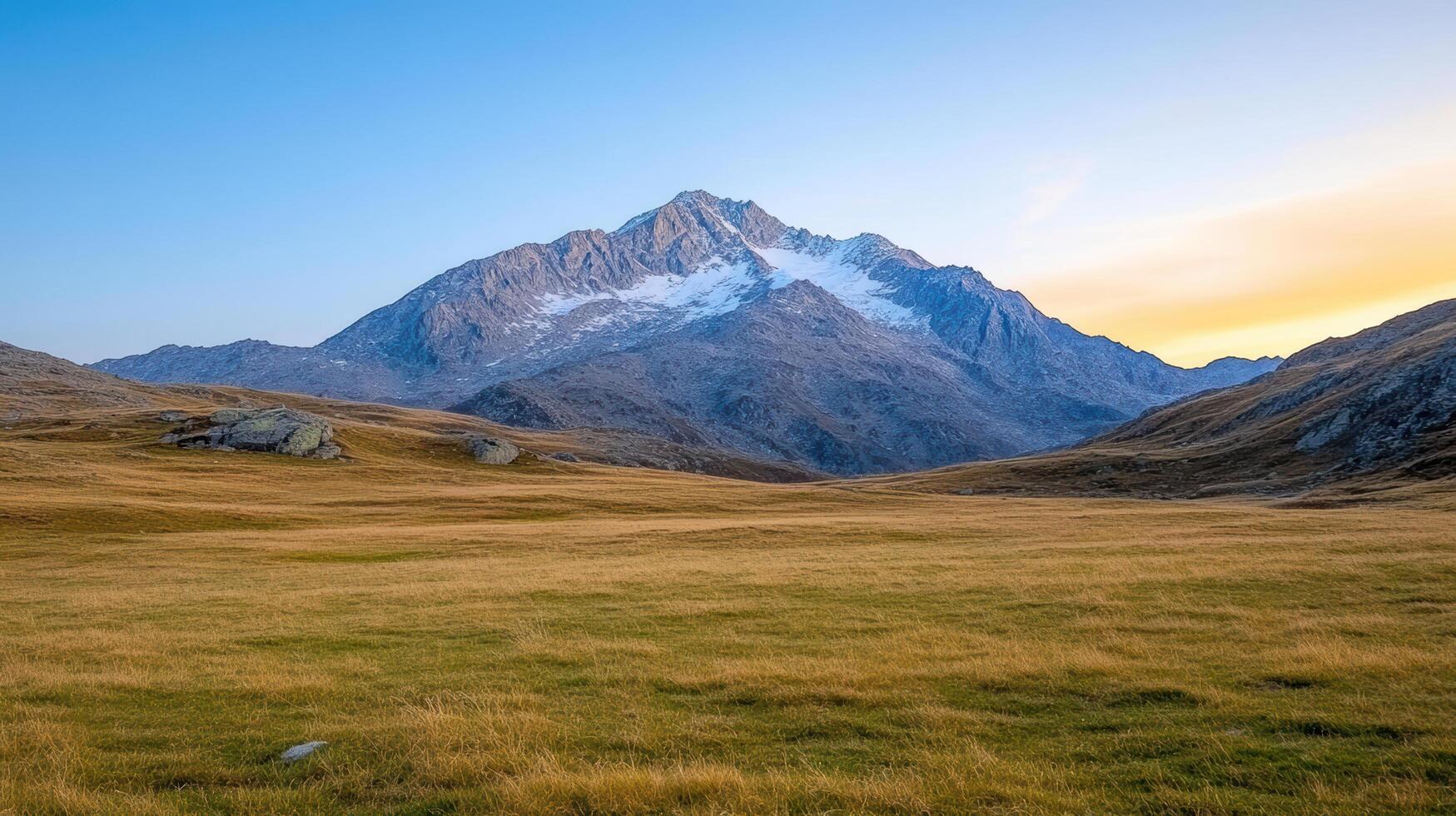 Majestic mountain range under clear blue sky, with golden grassland in foreground photo