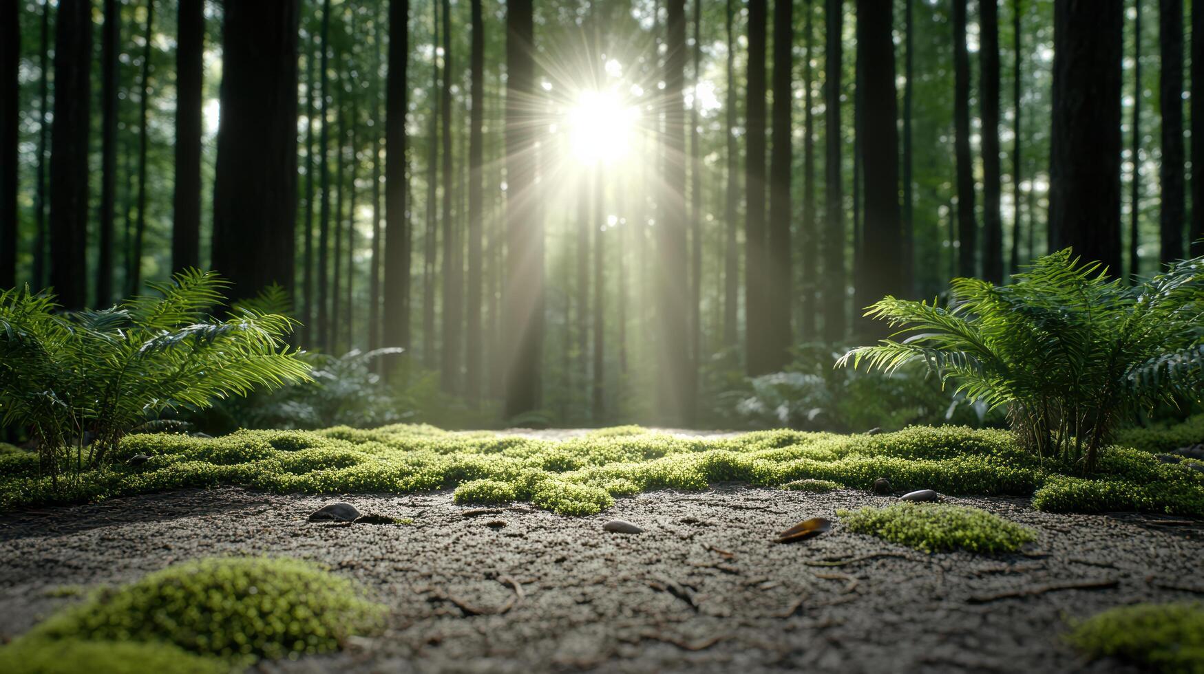 serene forest path illuminated by sunlight, surrounded by lush greenery and moss photo