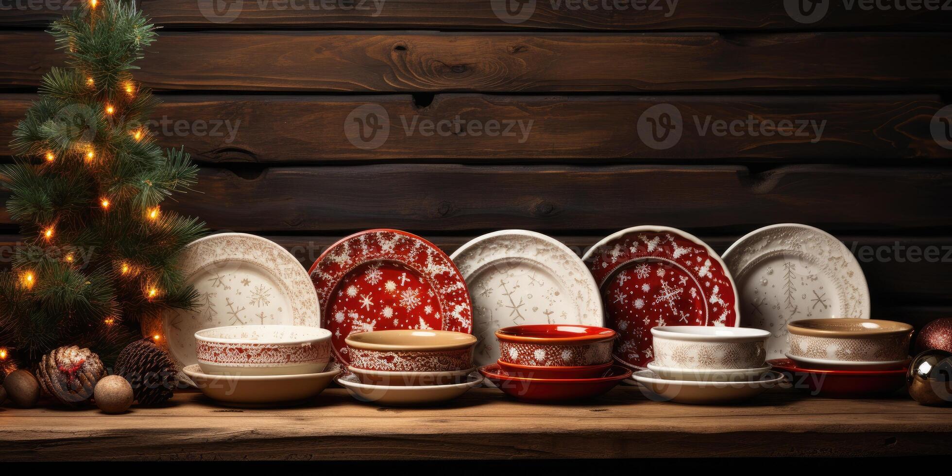Beautiful Christmas plates on a wooden background, space for text. photo