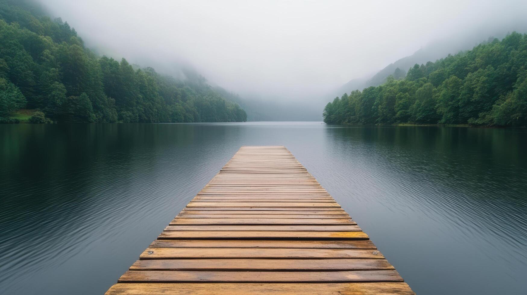 Serene wooden dock extends into misty lake surrounded by lush green trees, creating tranquil photo