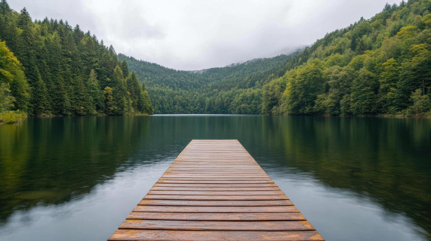 Serene lake view with wooden dock surrounded by lush green forests and mountains photo