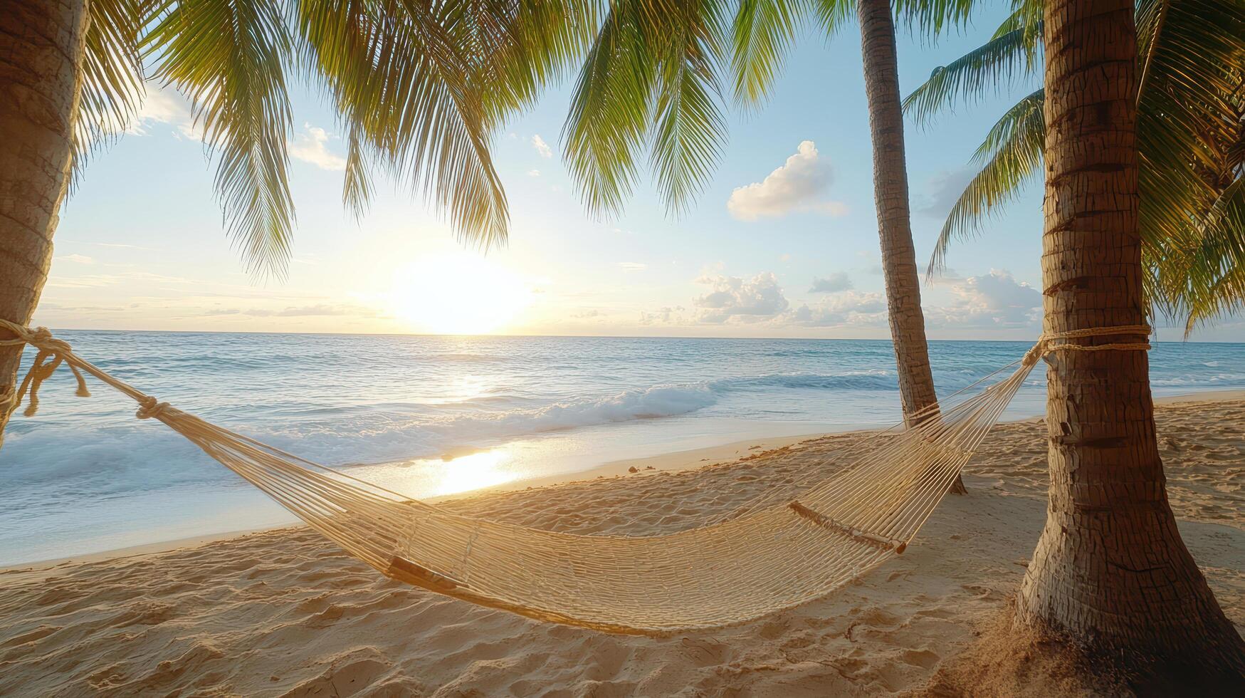 Peaceful hammock between palm trees facing beautiful sunset over ocean photo