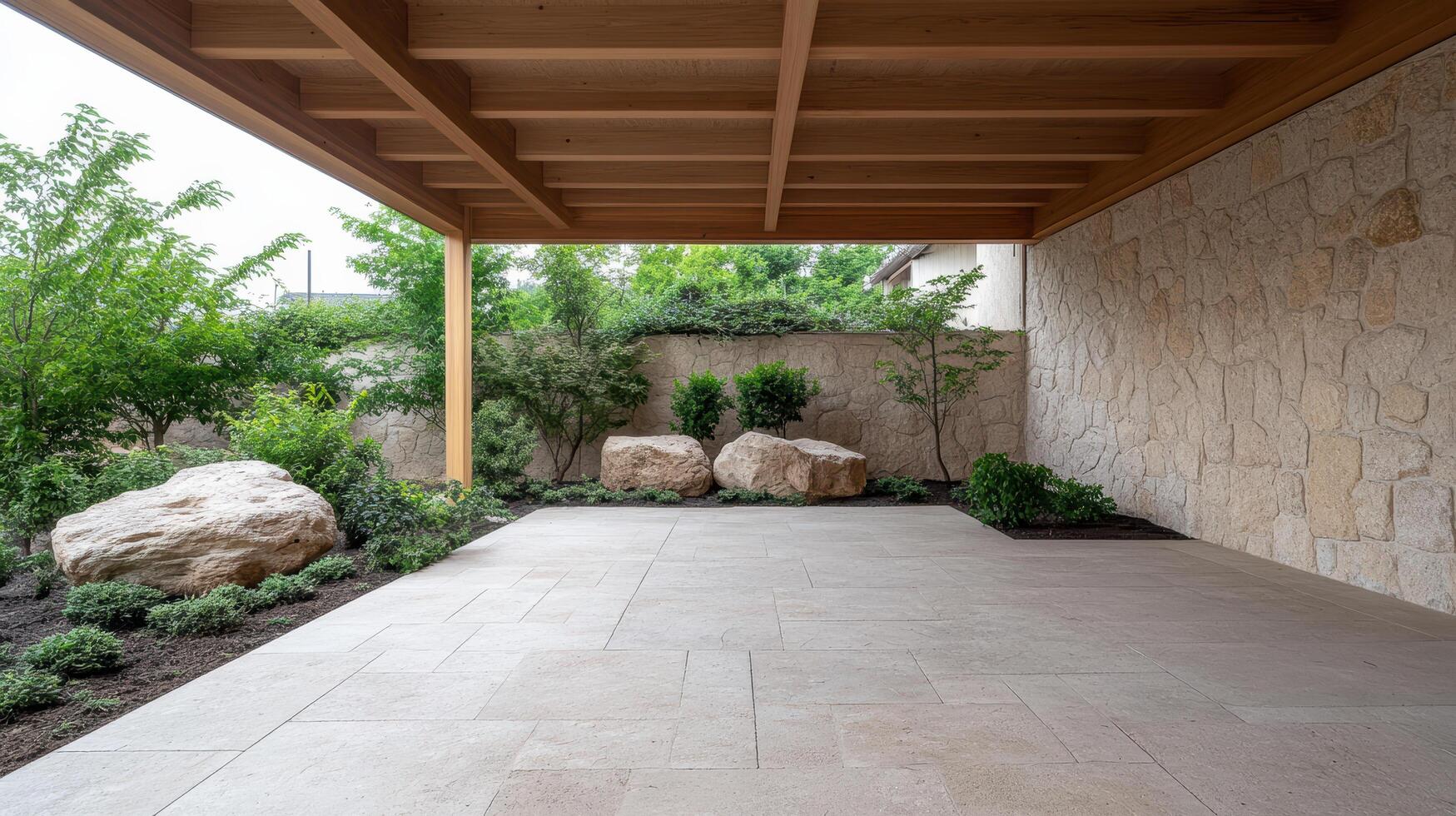 Spacious outdoor area featuring natural stone, greenery, and wooden beams, creating serene photo
