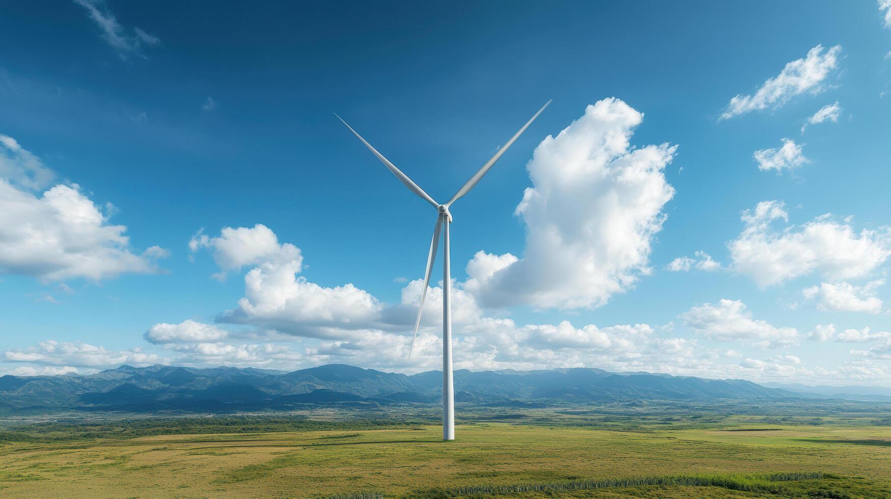 A wind turbine on a green field with blue skies photo