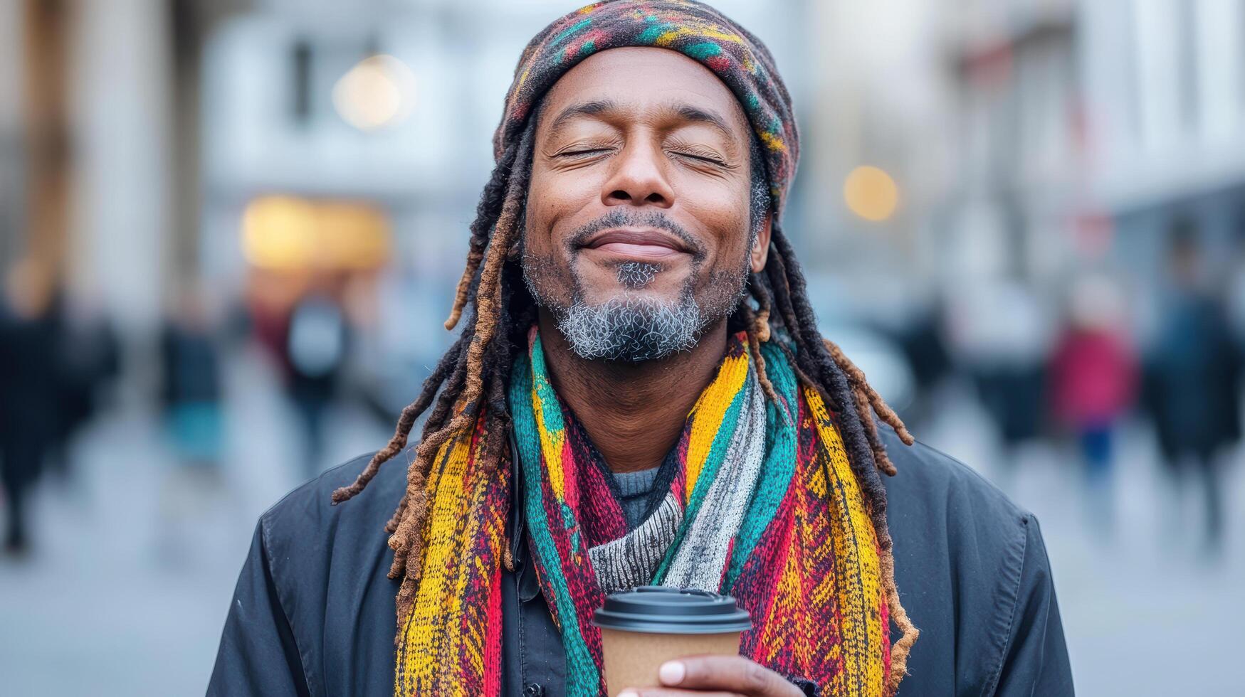 Man enjoying moment of peace with coffee cup, eyes closed, in busy urban setting photo