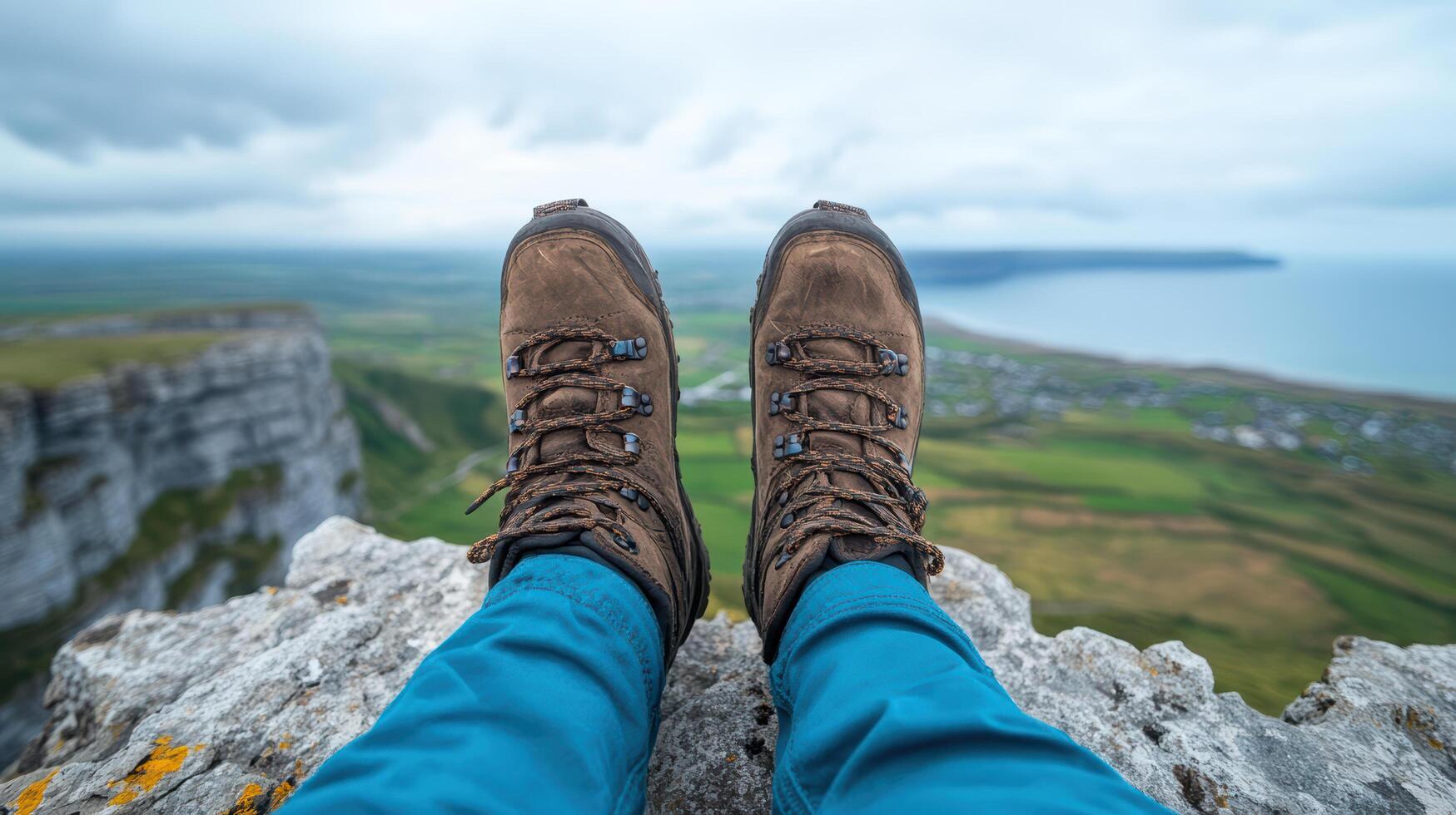 A person wearing hiking boots sitting on a rock overlooking the ocean photo