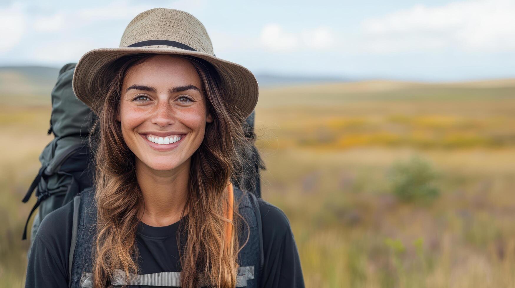 A woman with a backpack smiles while standing in a field photo