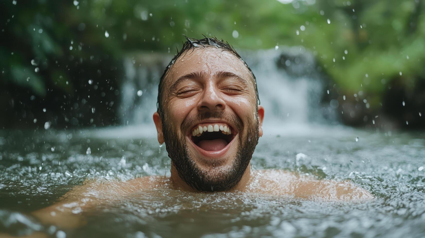 A man is laughing in the water while smiling photo
